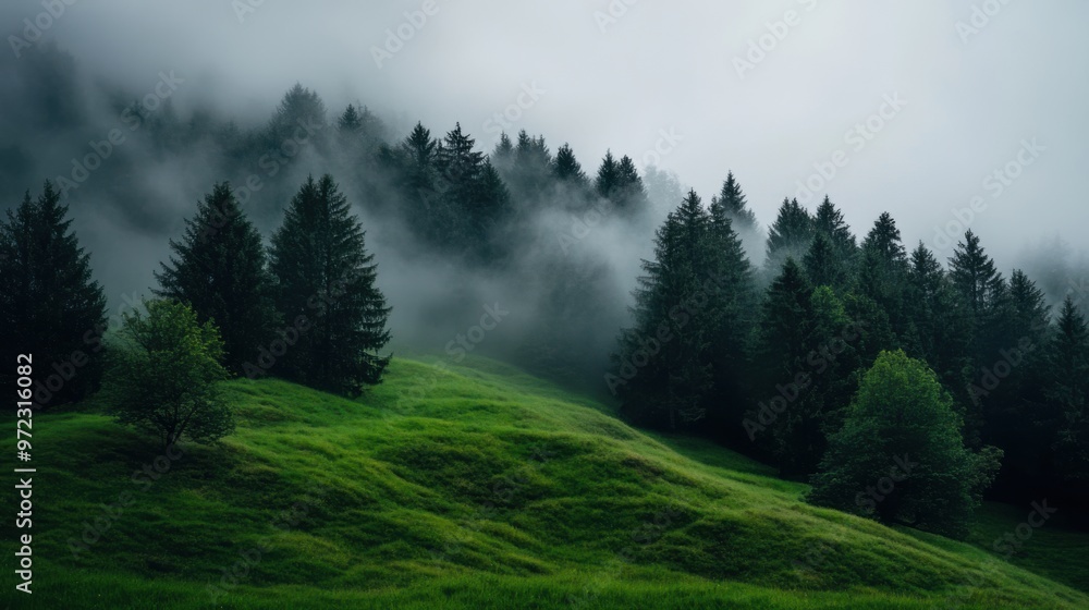 A tranquil green hillside fading into a foggy forest, with the mist softening the contours A tranquil green hillside fading into a foggy forest, with the mist softening the contours