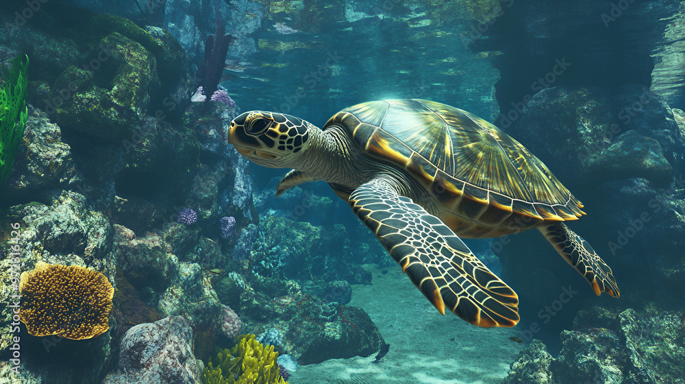 Fototapeta premium A serene sea turtle gliding through a tranquil underwater