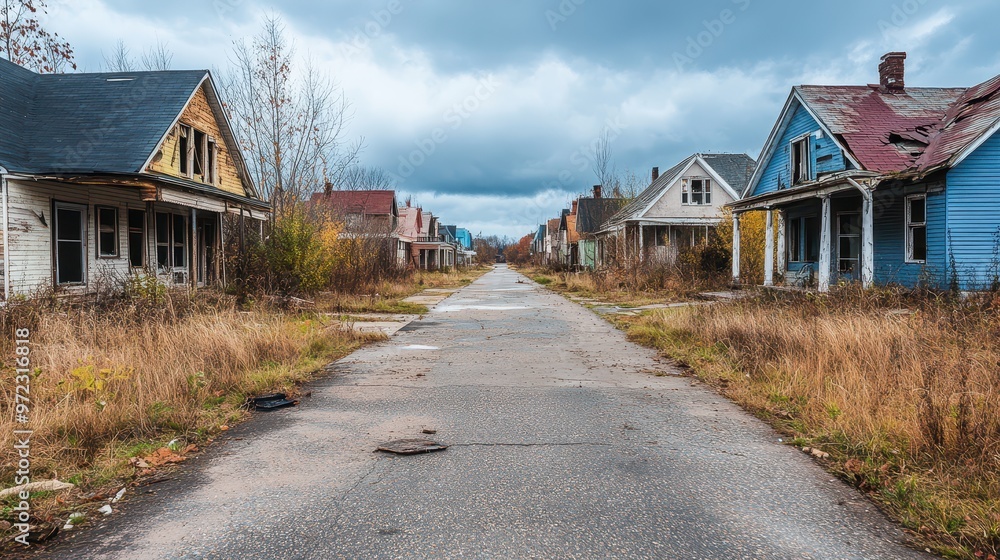 Ghost town with empty homes, symbolizing economic crisis and real estate downturn, housing market crash, deserted neighborhood Ghost town with empty homes, symbolizing economic crisis and real estate downturn, housing market crash, deserted neighborhood