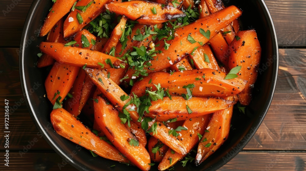 Roasted carrots in a black bowl. A close up image of roasted carrot sticks, perfect for use in recipe websites or food blogs. Roasted carrots in a black bowl. A close up image of roasted carrot sticks, perfect for use in recipe websites or food blogs.