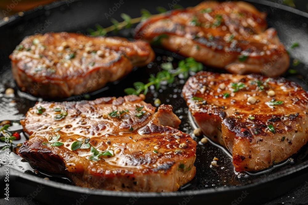 Close-up shot of juicy, seasoned pork chops. Perfect for illustrating recipes, articles, or blog posts about cooking, food, or healthy eating. Close-up shot of juicy, seasoned pork chops. Perfect for illustrating recipes, articles, or blog posts about cooking, food, or healthy eating.
