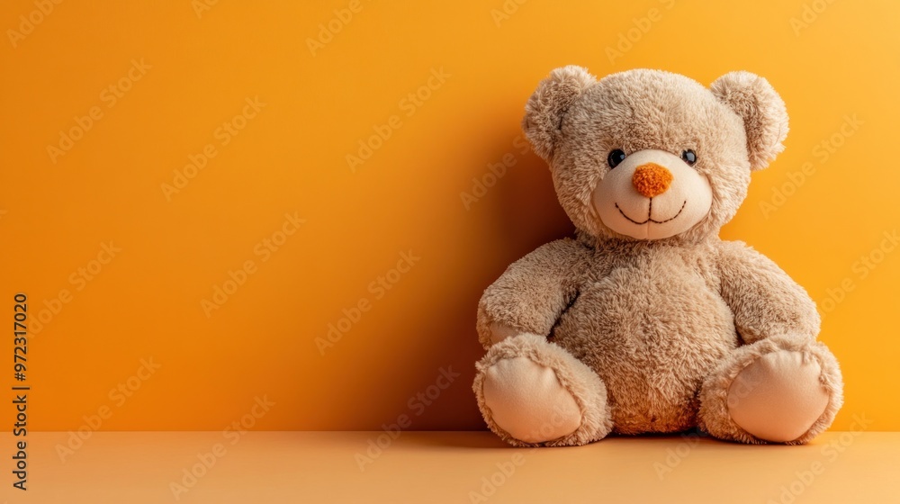 Fototapeta premium A cute teddy bear sits against a bright orange background, evoking warmth and comfort.