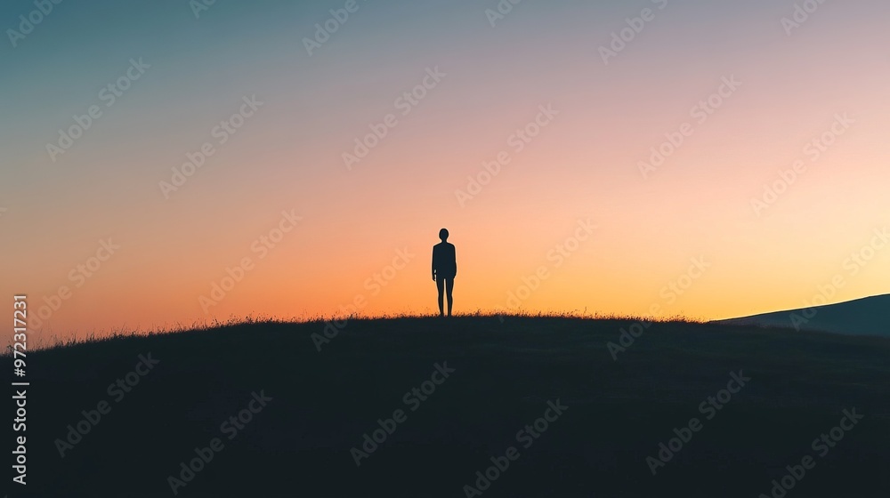 Minimalist silhouette of a lone person standing on a hilltop at dusk, with a gradient sky and soft shadows, capturing the essence of solitude and introspection, 4K hyperrealistic photo. Minimalist silhouette of a lone person standing on a hilltop at dusk, with a gradient sky and soft shadows, capturing the essence of solitude and introspection, 4K hyperrealistic photo.