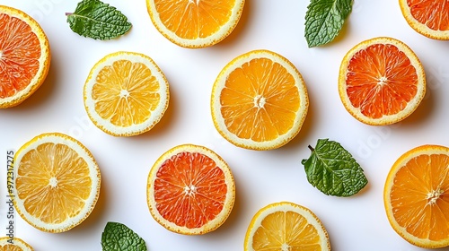 Freshly sliced orange, lemon and grapefruit segments with green leaves on a white background.