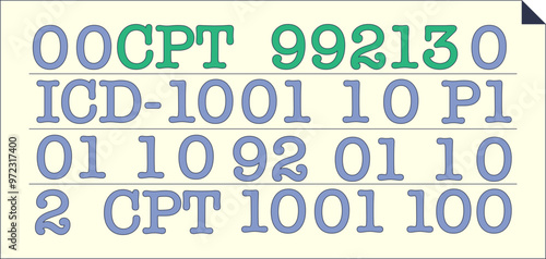 Image of alphanumeric codes representing medical coding systems like CPT and ICD-10.