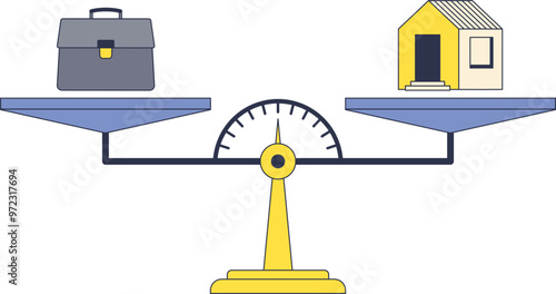 A scale balancing a briefcase and a house, symbolizing work-life balance.