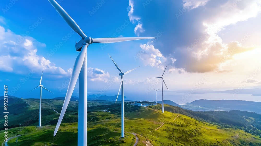 Scenic view of wind turbines on a hillside during sunset. Scenic view of wind turbines on a hillside during sunset.