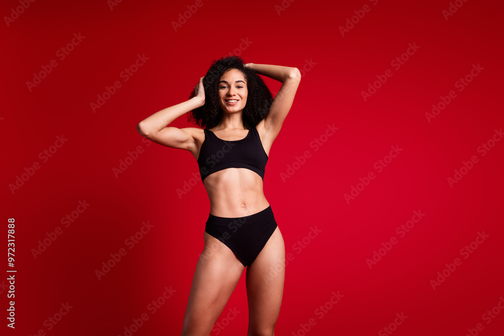 No retouch photo of lovely pretty gentle stunning woman wear black stylish lingerie hand head isolated on red color background No retouch photo of lovely pretty gentle stunning woman wear black stylish lingerie hand head isolated on red color background
