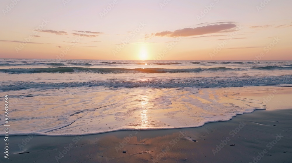 Sunset on a tropical beach with palm trees and gentle waves Studio beach landscape photography Summer vacation and travel concept Sunset on a tropical beach with palm trees and gentle waves Studio beach landscape photography Summer vacation and travel concept