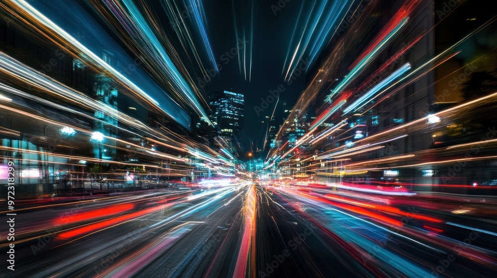 A dynamic cityscape at night, showcasing light trails from moving vehicles. A dynamic cityscape at night, showcasing light trails from moving vehicles.