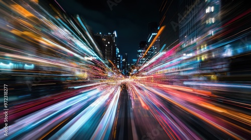 A vibrant cityscape captured in motion, showcasing dynamic light trails and urban energy.