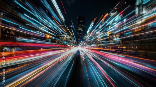 A dynamic night scene capturing streaks of light from vehicles in a bustling city.