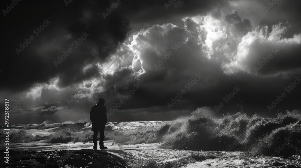 Obraz premium Solitude in the Storm: A lone figure silhouetted against a tempestuous sky, facing the relentless waves crashing against the shore. The dramatic black and white composition evokes a sense of resilienc
