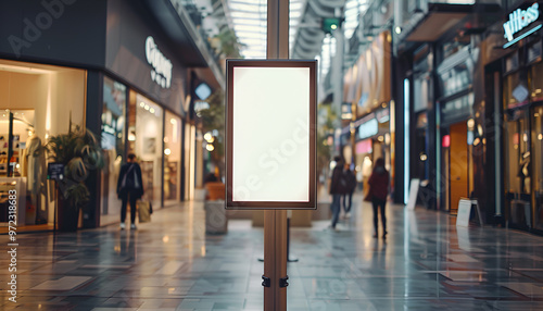 Mock up poster for advertising in the mall on a pole between beautiful boutiques and large windows