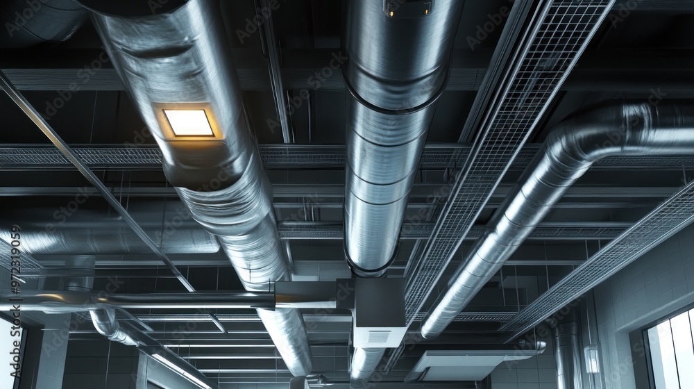 Obraz premium A view of industrial pipes and ventilation systems in a modern building interior.