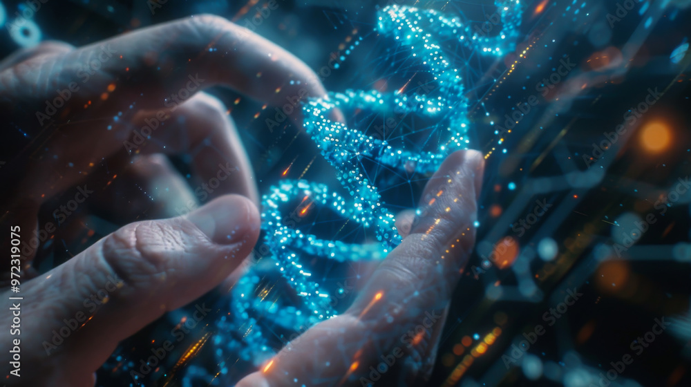 Medicine doctor holding blue helix DNA structure on hologram modern virtual screen interface and diagnose healthcare on digital network Medicine doctor holding blue helix DNA structure on hologram modern virtual screen interface and diagnose healthcare on digital network