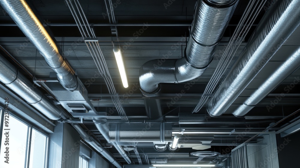 Industrial ceiling with exposed pipes and lighting in a modern interior space. Industrial ceiling with exposed pipes and lighting in a modern interior space.
