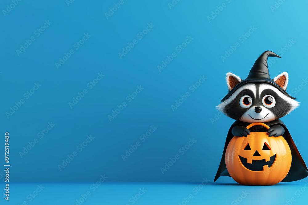 A cute raccoon character in a witch hat holding a Halloween pumpkin on a blue background. Perfect for seasonal decoration. A cute raccoon character in a witch hat holding a Halloween pumpkin on a blue background. Perfect for seasonal decoration.