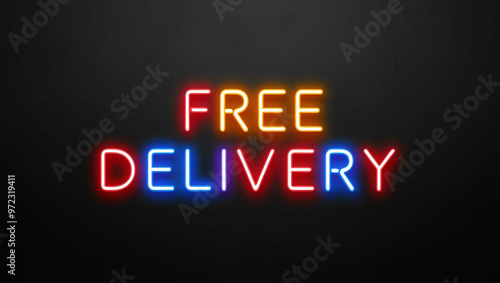 Free delivery colorful neon lettering on plain black dark background