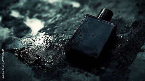 A dark perfume bottle rests on a textured surface, evoking mystery and elegance.