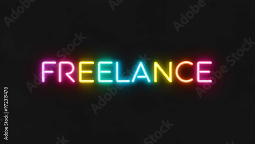 Freelance colorful neon lettering on plain black dark background