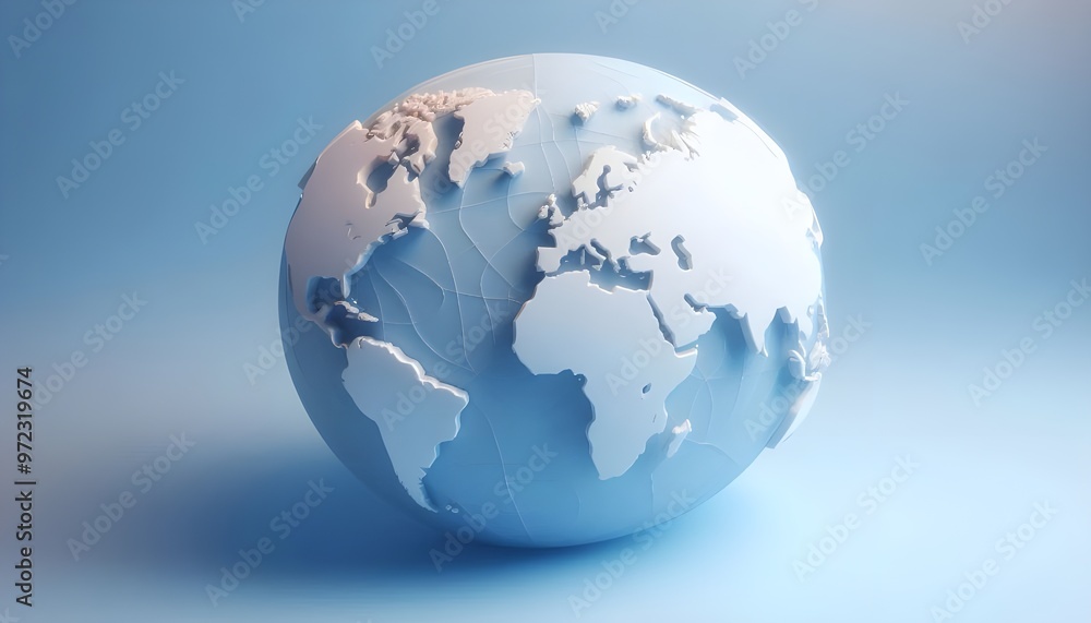 Minimalistic 3D world map on a soft blue gradient background. Simplified earth representation. Minimalistic 3D world map on a soft blue gradient background. Simplified earth representation.