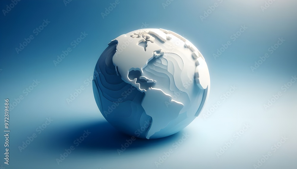 Minimalistic 3D world map on a soft blue gradient background. Simplified earth representation. Minimalistic 3D world map on a soft blue gradient background. Simplified earth representation.
