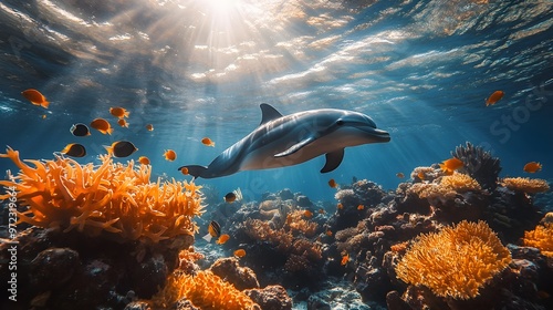 Fototapeta Naklejka Na Ścianę i Meble -  Underwater coral reef scene filled with marine life: vivid corals, angelfish, and a playful dolphin swimming near the reef, soft sunbeams piercing the surface