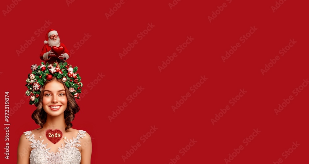 Fototapeta premium Christmas and New Year card concept for sending best wishes. A beautiful smiling girl symbolizes the new year. Her hair is decorated decorations for the Christmas tree. There is also Santa Claus.
