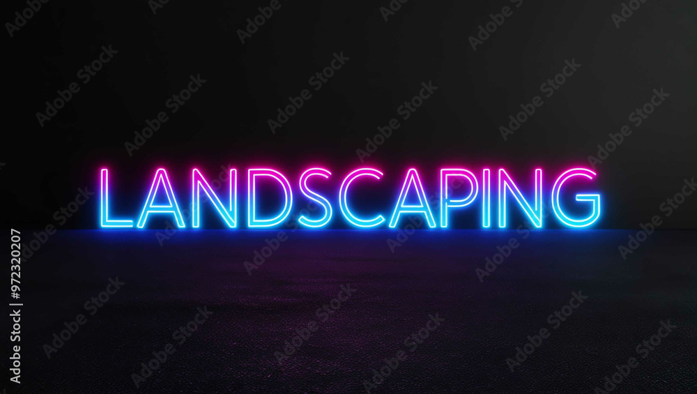 Landscaping colorful neon lettering on plain black dark background Landscaping colorful neon lettering on plain black dark background