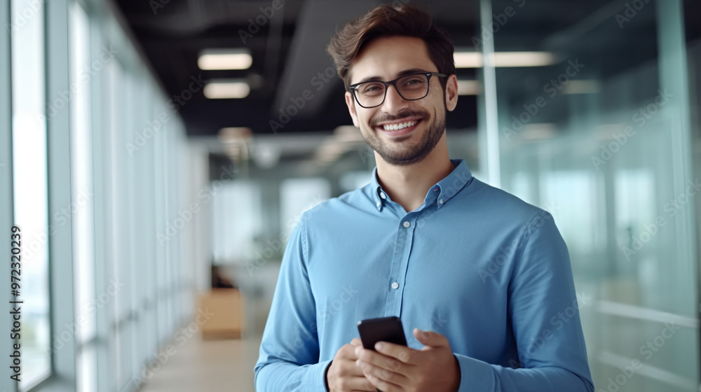 Portrait of a smiling young businessman holding a smartphone and looking at the camera while standing in a modern office, wearing a blue shirt and glasses. Portrait of a smiling young businessman holding a smartphone and looking at the camera while standing in a modern office, wearing a blue shirt and glasses.