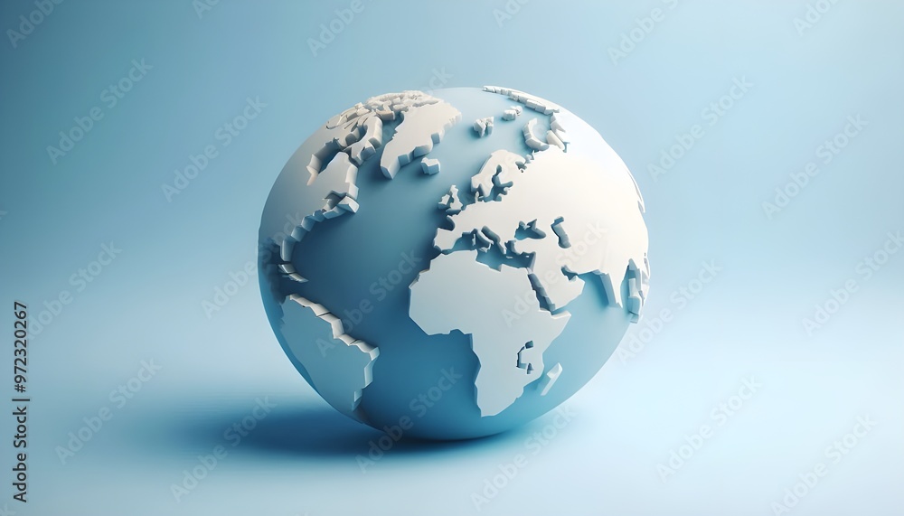 Minimalistic 3D world map on a soft blue gradient background. Simplified earth representation. Minimalistic 3D world map on a soft blue gradient background. Simplified earth representation.