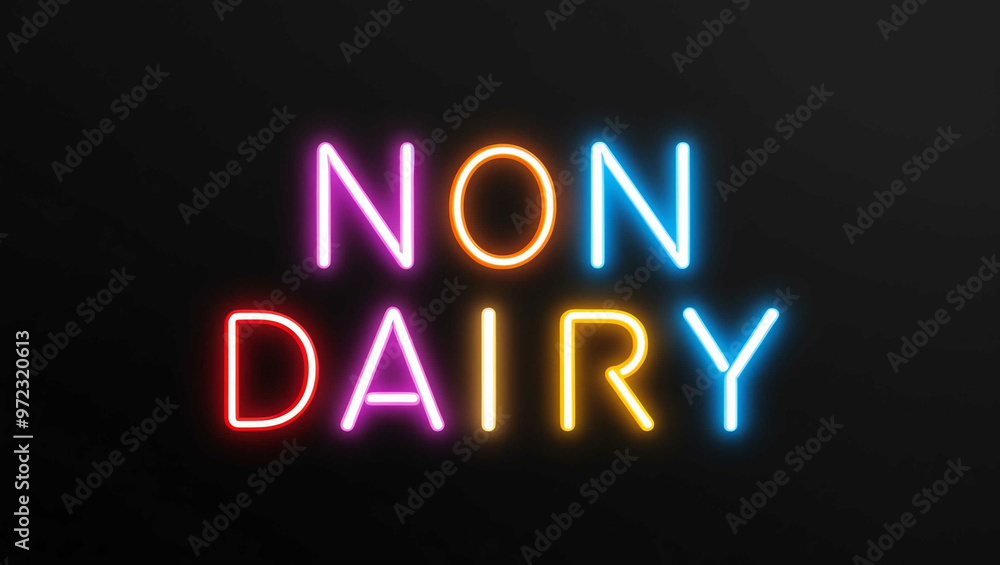 Non Dairy colorful neon lettering on plain black dark background Non Dairy colorful neon lettering on plain black dark background