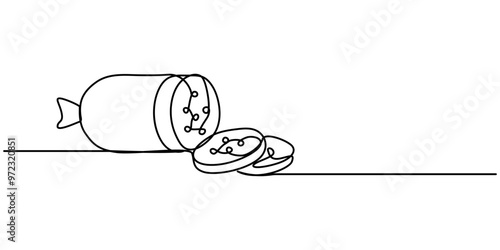 Salami one line continuous. Salami line art. Hand drawn vector art, Boiled sausage continuous line drawing. One line art of meat products, sausage with fat, semi-finished product.