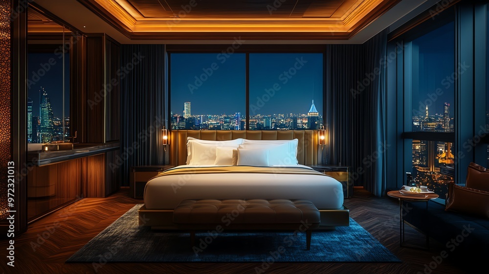 A luxurious hotel bedroom with a king-size bed, a large window overlooking a city skyline at night, and a plush armchair. A luxurious hotel bedroom with a king-size bed, a large window overlooking a city skyline at night, and a plush armchair.