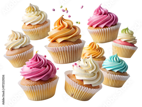 Colorful cupcakes with vibrant frosting in display transparent