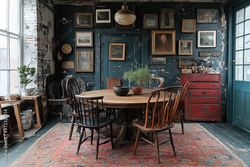 Naklejka premium Cozy dining area with a rustic table and vintage decor.