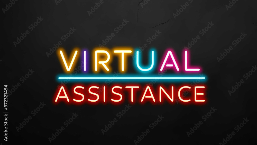 Virtual Assistance colorful neon lettering on plain black dark background Virtual Assistance colorful neon lettering on plain black dark background