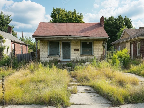 A oncethriving neighborhood now with overgrown lawns and boardedup windows, real estate decline, foreclosure aftermath photo