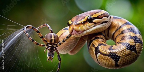 A ball python coils around a spider's web, its scaly body entwined with delicate silk threads, showcasing a photo