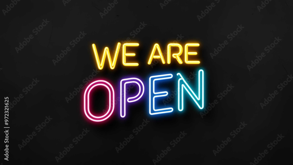 We Are Open colorful neon lettering on plain black dark background We Are Open colorful neon lettering on plain black dark background