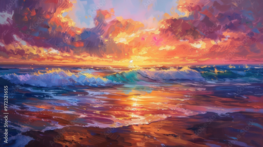 painting of a sunset over the ocean with a wave in the foreground painting of a sunset over the ocean with a wave in the foreground