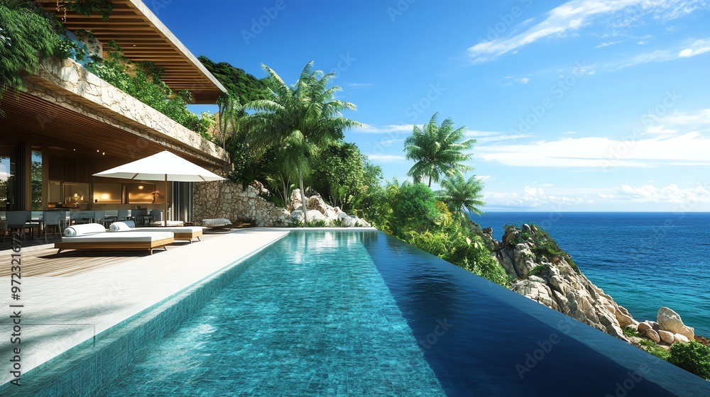Fototapeta premium Luxurious poolside view with infinity pool overlooking the ocean and tropical landscape.