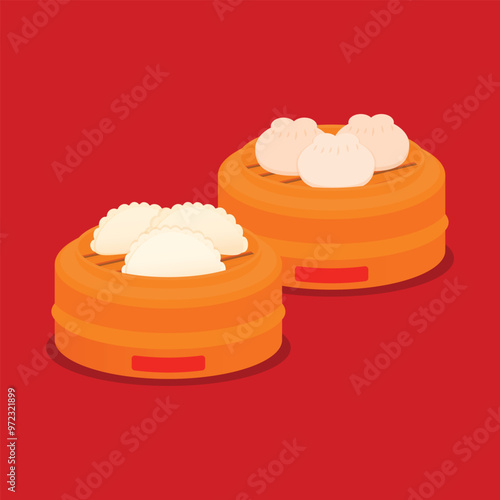 Jiaozi  and  Cha Siu Bao Chinese Dumpling Illustration Festive Vector