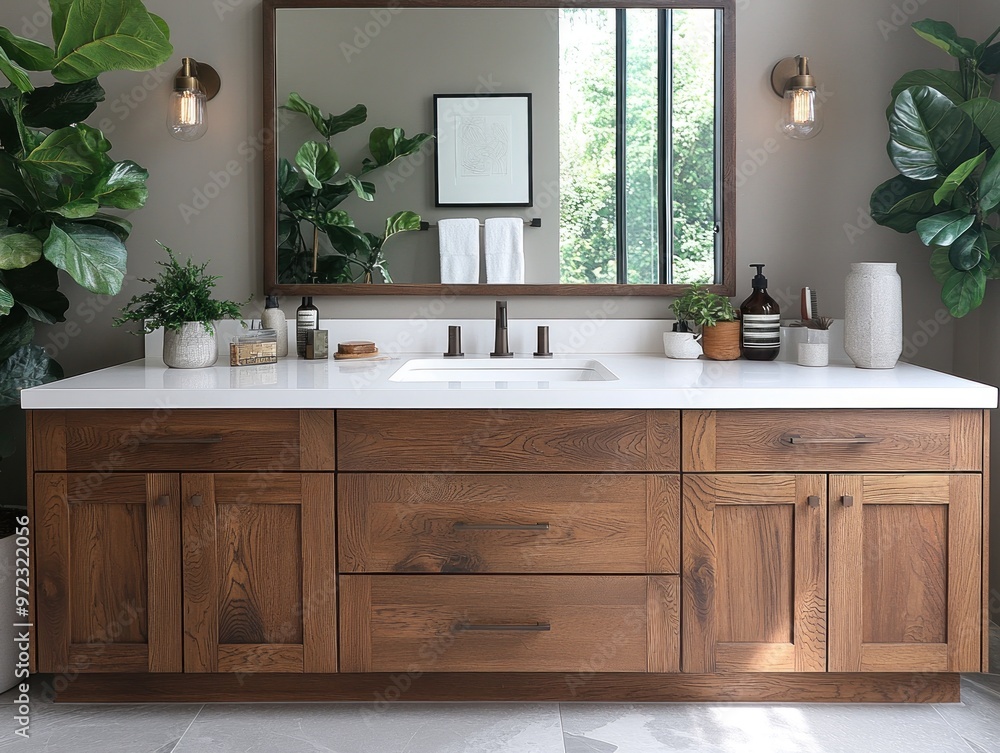 Modern bathroom with wooden vanity and lush greenery. Modern bathroom with wooden vanity and lush greenery.