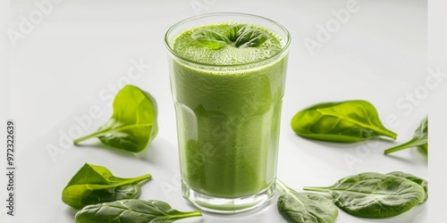 A close-up of a healthy green smoothie shake made with fresh organic fruits and vegetables, set against a bright white background.