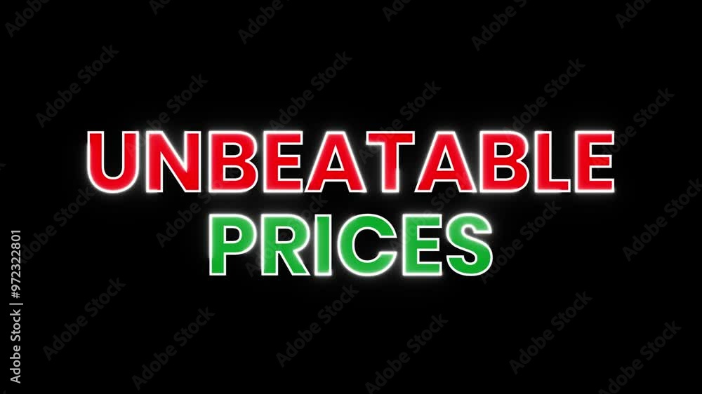 Animated neon sign with the text Unbeatable Prices in red and green. Ideal for sales, promotions, and marketing videos. Animated neon sign with the text Unbeatable Prices in red and green. Ideal for sales, promotions, and marketing videos.