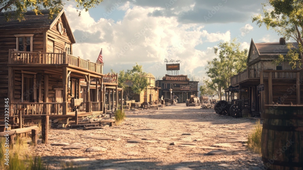 Obraz premium A picturesque view of a rustic Western town with wooden buildings and a dirt road.