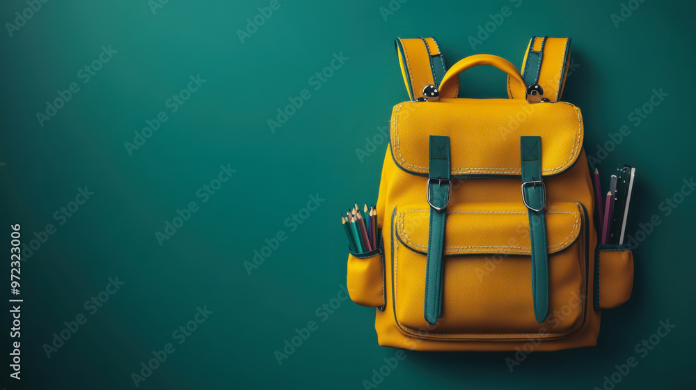 yellow backpack with school supplies on a green background with copy space for your message or text yellow backpack with school supplies on a green background with copy space for your message or text