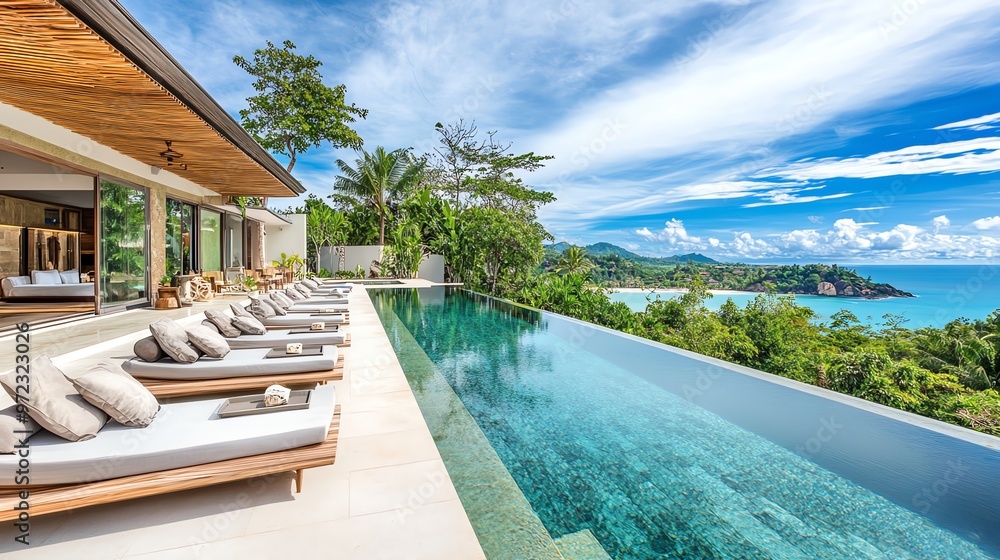 Fototapeta premium A luxurious tropical villa with an infinity pool overlooking a beautiful beach and the ocean.